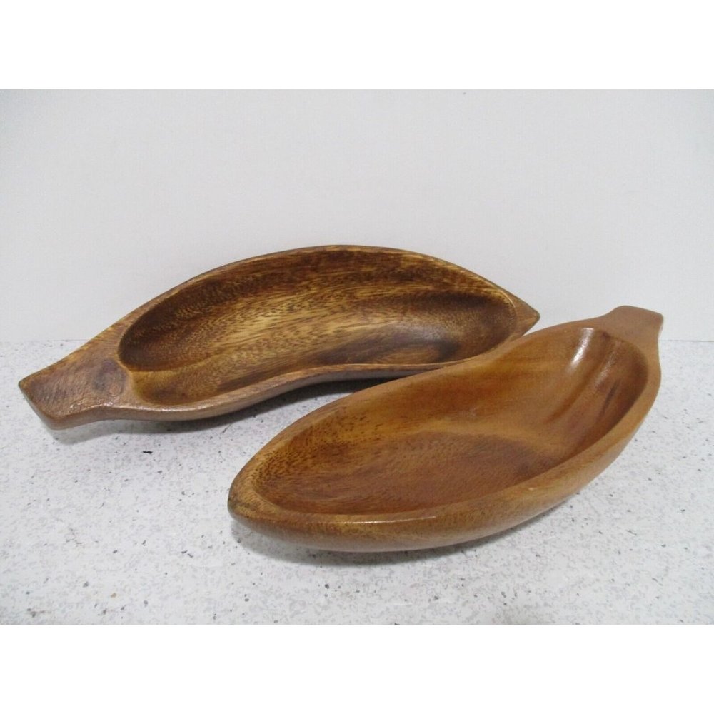 *Vintage RETRO 'Monkey Pod Wood' Banana Serving Tray Candy Dish - Set of 2